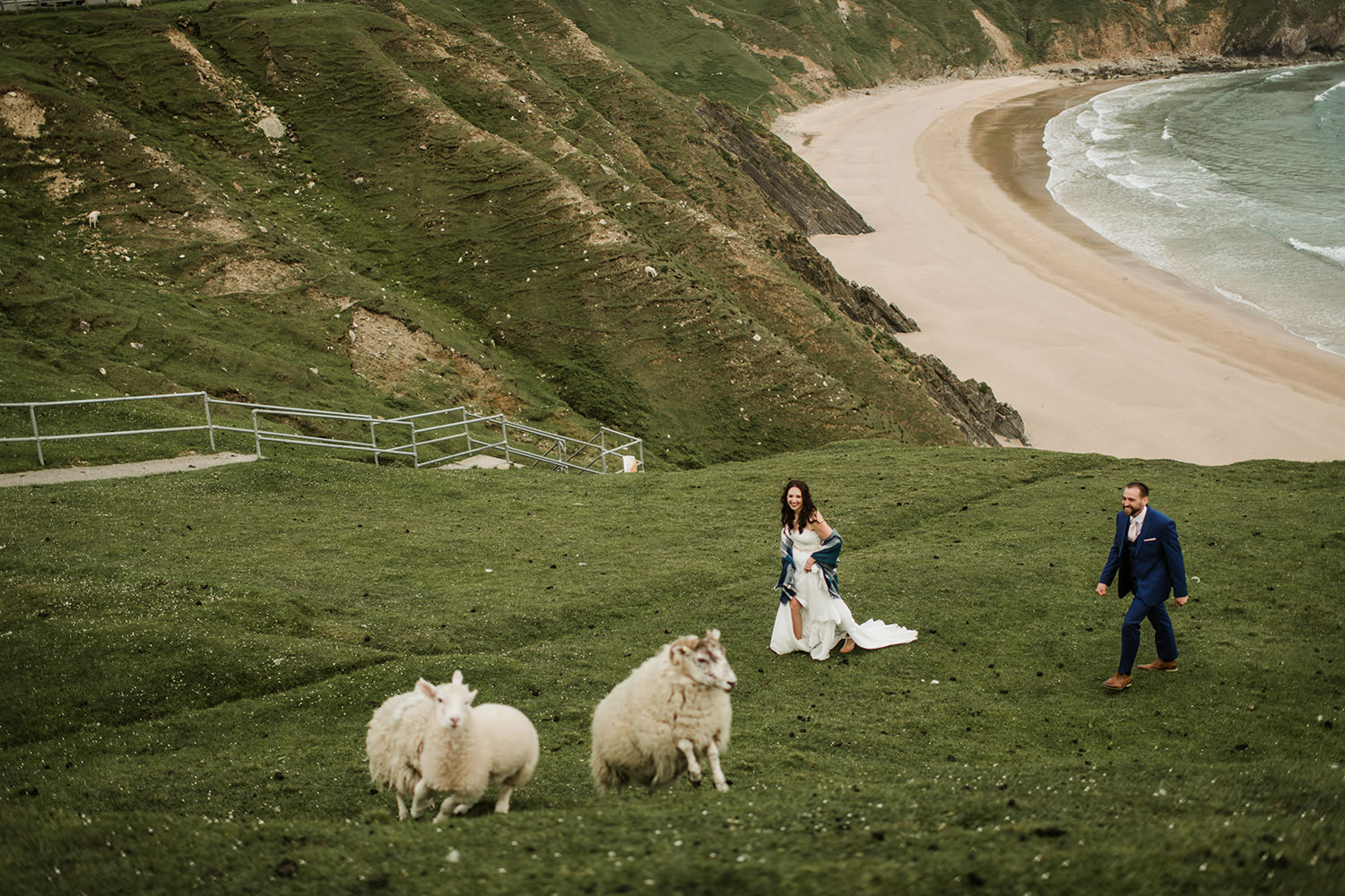 bride chasing sheep at silver strand beach in malin beg